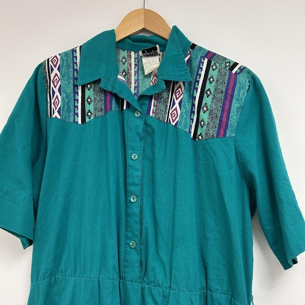 Vintage Tap & Co. Dress Womens 18P Green Geometric Collared Shirt Midi Casual